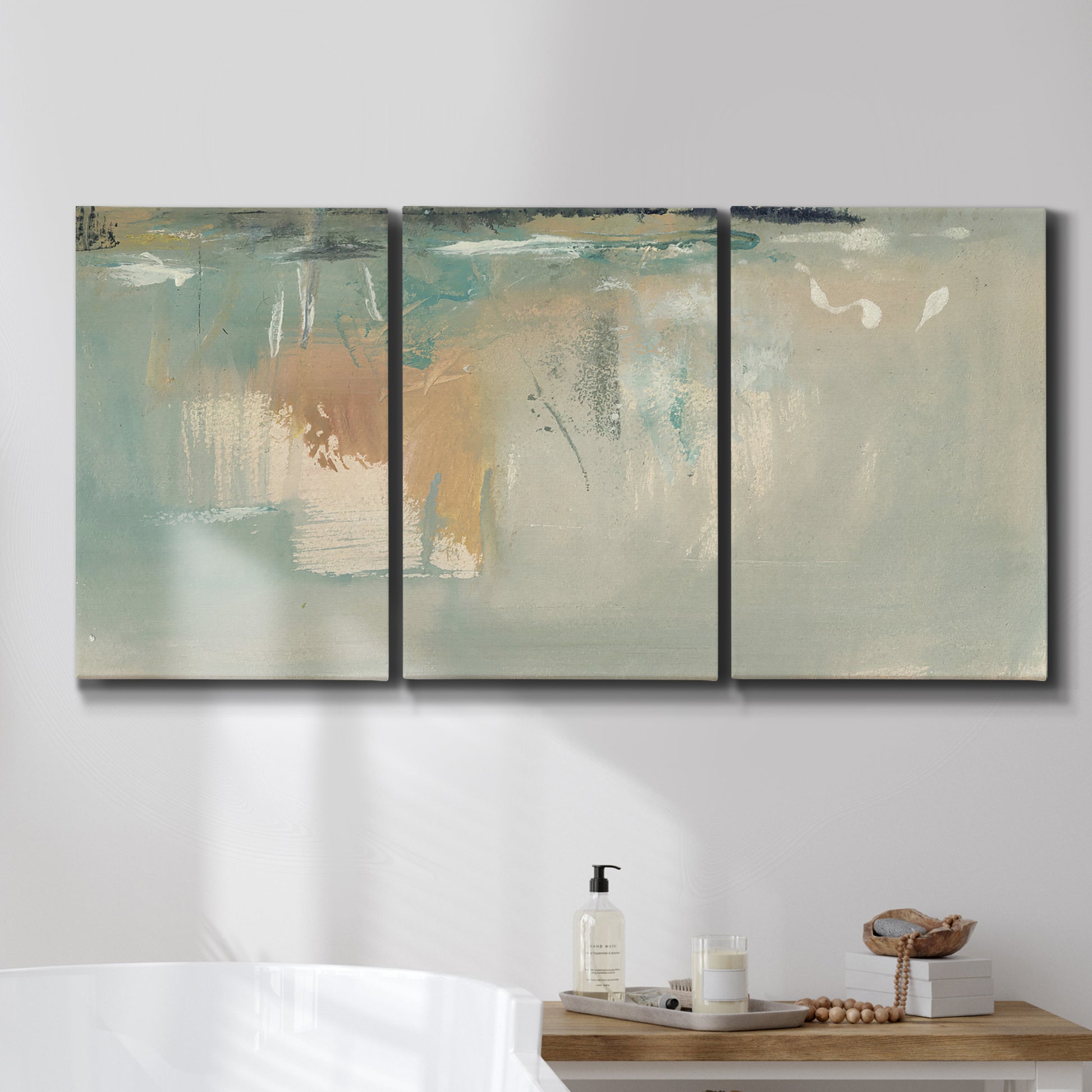 Three-panel canvas wall art featuring minimalist abstract emotional fields, displayed in a bathroom above a bathtub.