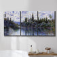 Three-panel canvas wall art featuring quiet river bend near village, displayed in a bathroom above a bathtub.