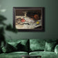 Impressionist still life painting of fish by Édouard Manet in an ornate black frame with gilded inner detail displayed in a dark-toned interior setting.