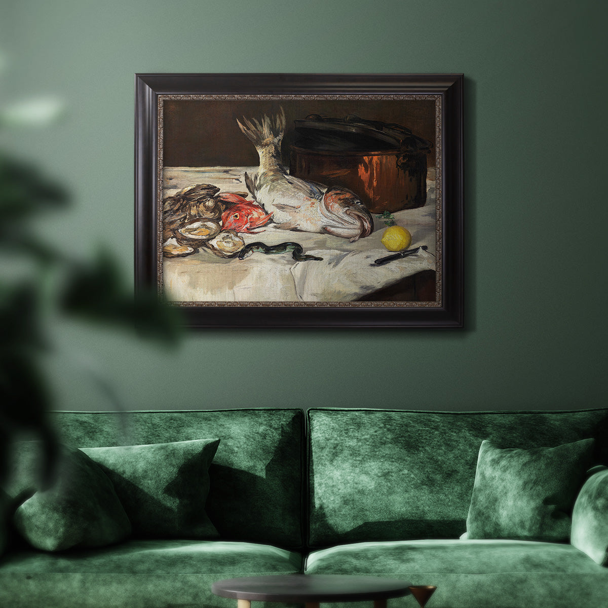 Impressionist still life painting of fish by Édouard Manet in an ornate black frame with gilded inner detail displayed in a dark-toned interior setting.