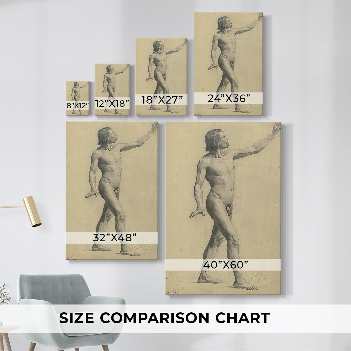 Size comparison chart for canvas art prints, showing multiple size options.