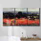 Three-panel canvas wall art featuring red poppy field near barn, displayed in a bathroom above a bathtub.
