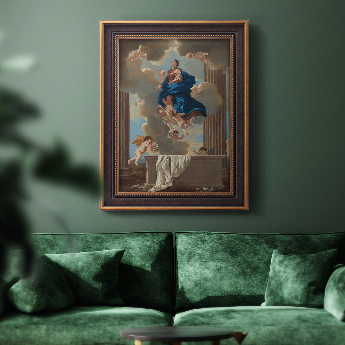 Classical religious depiction of the Assumption of the Virgin by Nicolas Poussin in an ornate bronzed mahogany wood frame displayed in a dark-toned interior setting.