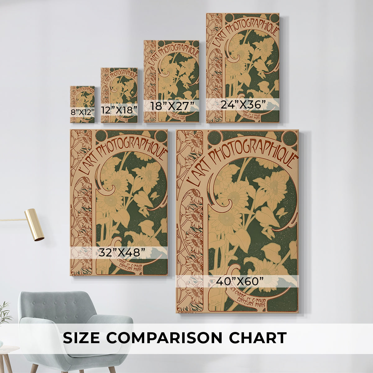Size comparison chart for canvas art prints, showing multiple size options.