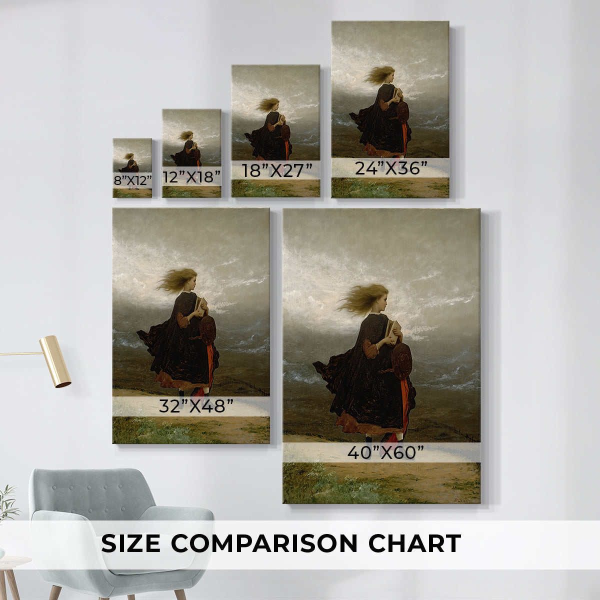 Size comparison chart for canvas art prints, showing multiple size options.