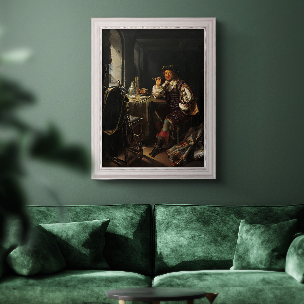 Classical portrait of a soldier smoking a pipe by Frans van Mieris the Elder in an ornate weathered white frame displayed in a dark-toned interior setting.