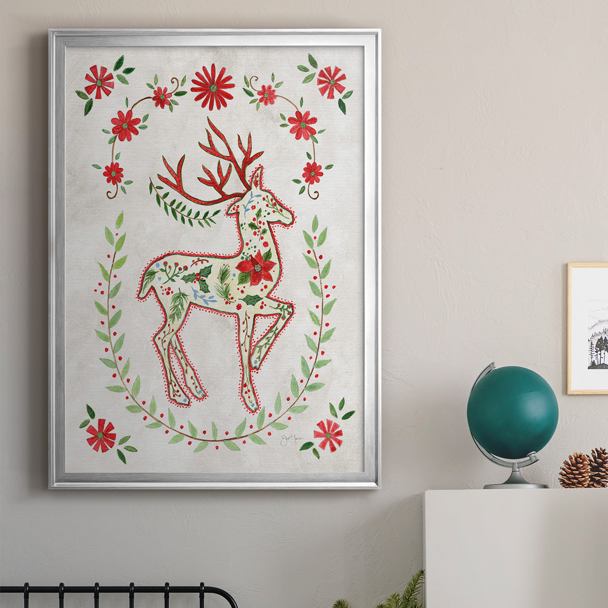 Christmas Folk Reindeer - Modern Framed Canvas Print