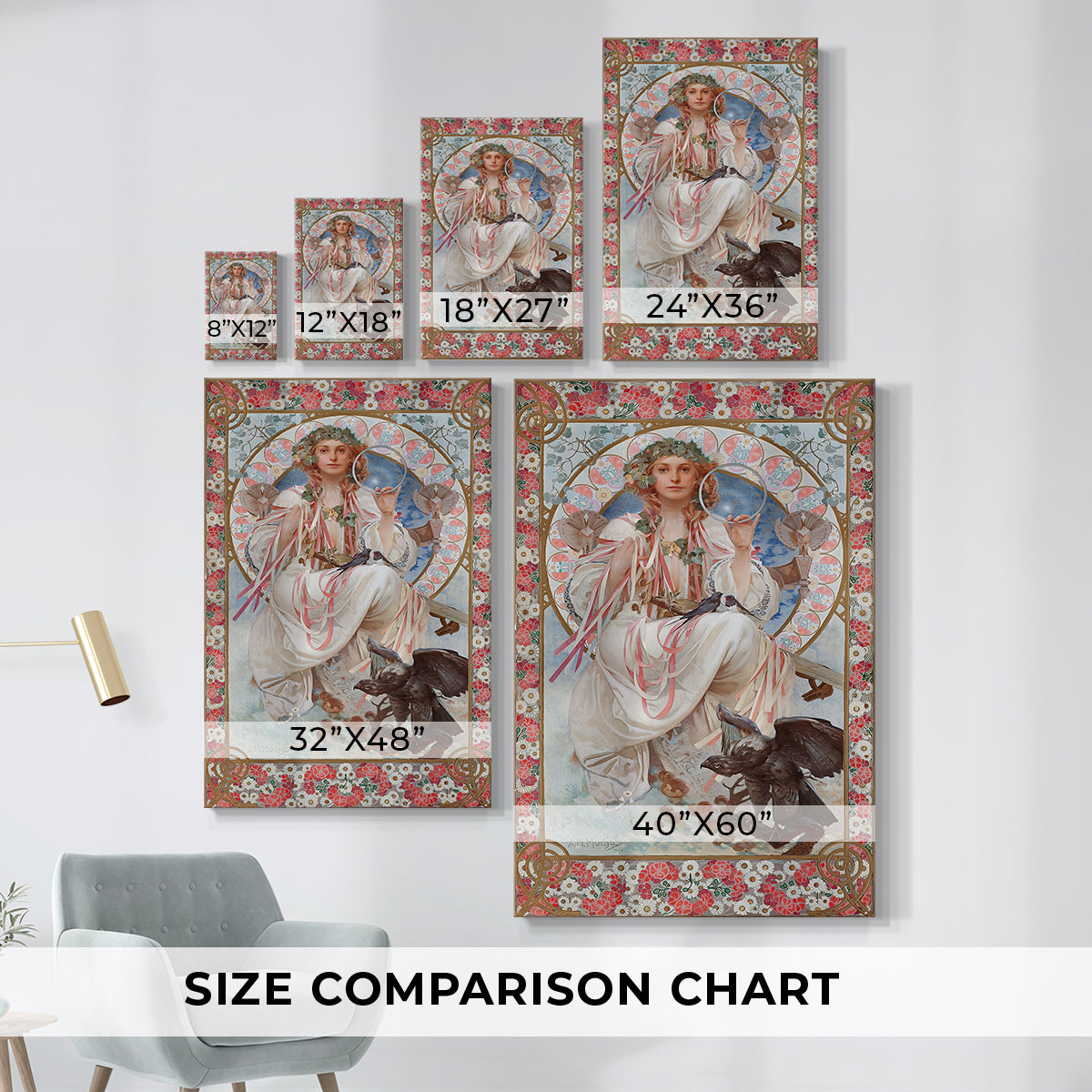 Size comparison chart for canvas art prints, showing multiple size options.