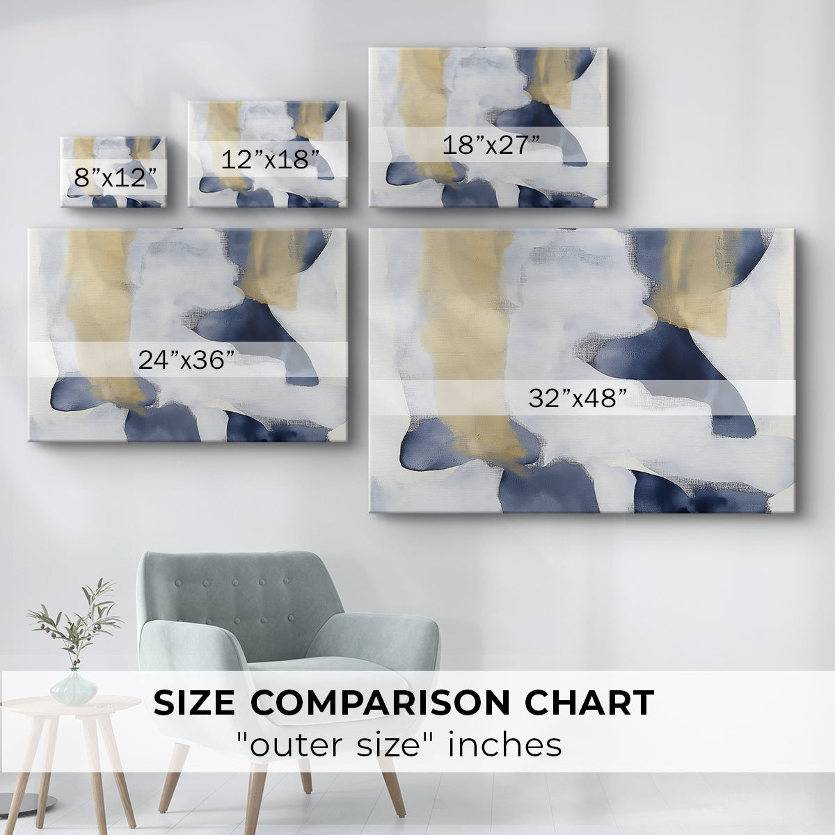 Abstract art featuring blue and gold shapes on a light background in a modern design