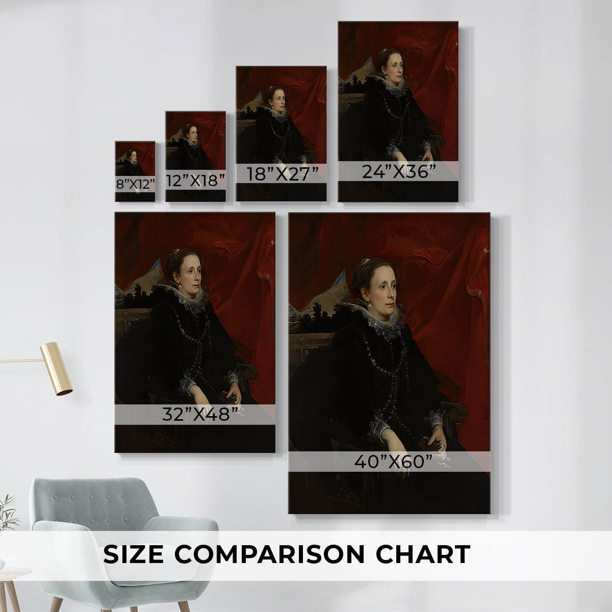 Size comparison chart for canvas art prints, showing multiple size options.