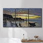 Three-panel canvas wall art featuring river at dusk with fading light, displayed in a bathroom above a bathtub.
