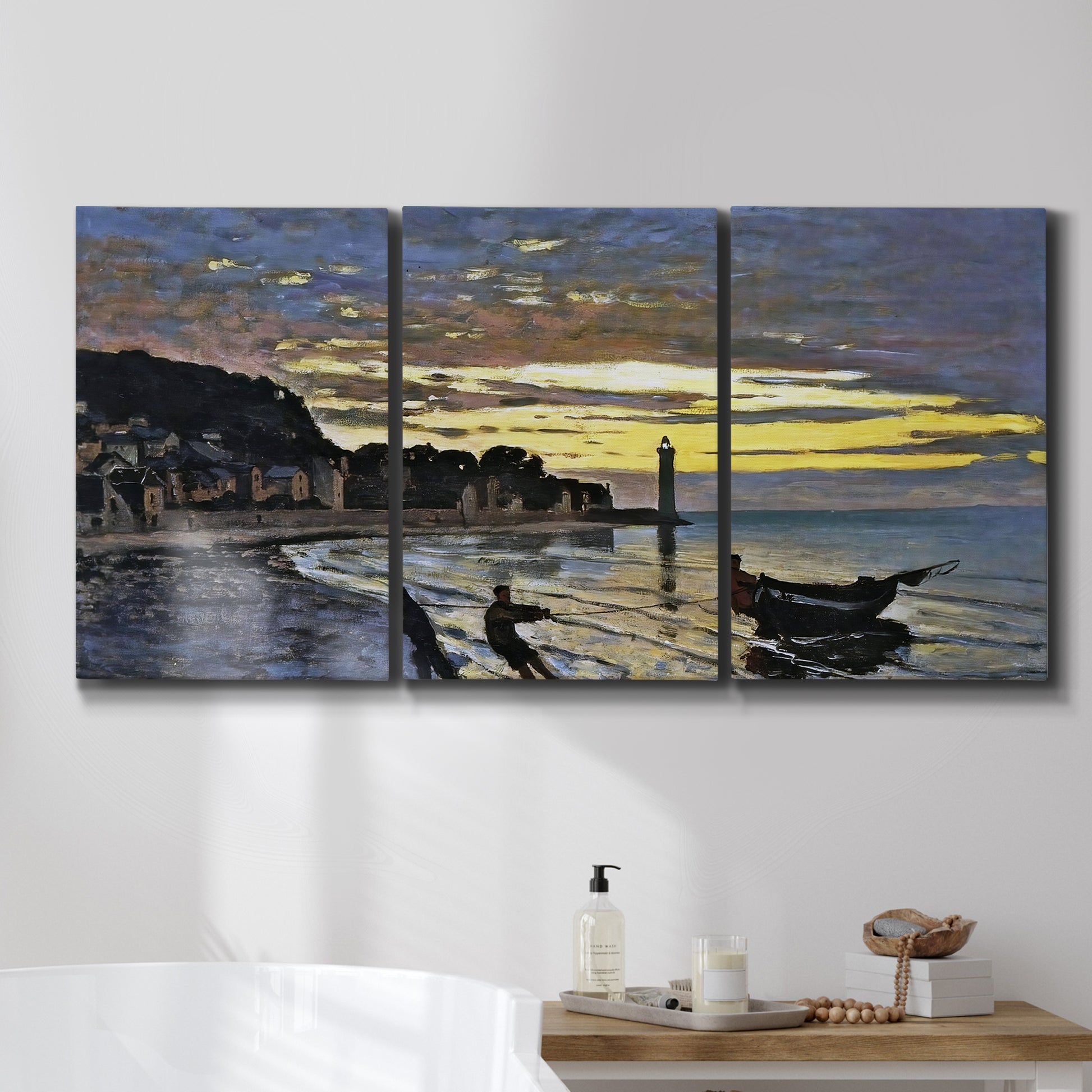 Three-panel canvas wall art featuring river at dusk with fading light, displayed in a bathroom above a bathtub.