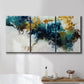 Three-panel canvas wall art featuring teal abstract paint splatter, displayed in a bathroom above a bathtub.