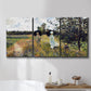 Three-panel canvas wall art featuring figures walking along riverbank, displayed in a bathroom above a bathtub.