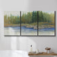 Three-panel canvas wall art featuring riverbank landscape with trees, displayed in a bathroom above a bathtub.