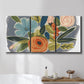 Three-panel canvas wall art featuring colorful botanical illustration, displayed in a bathroom above a bathtub.
