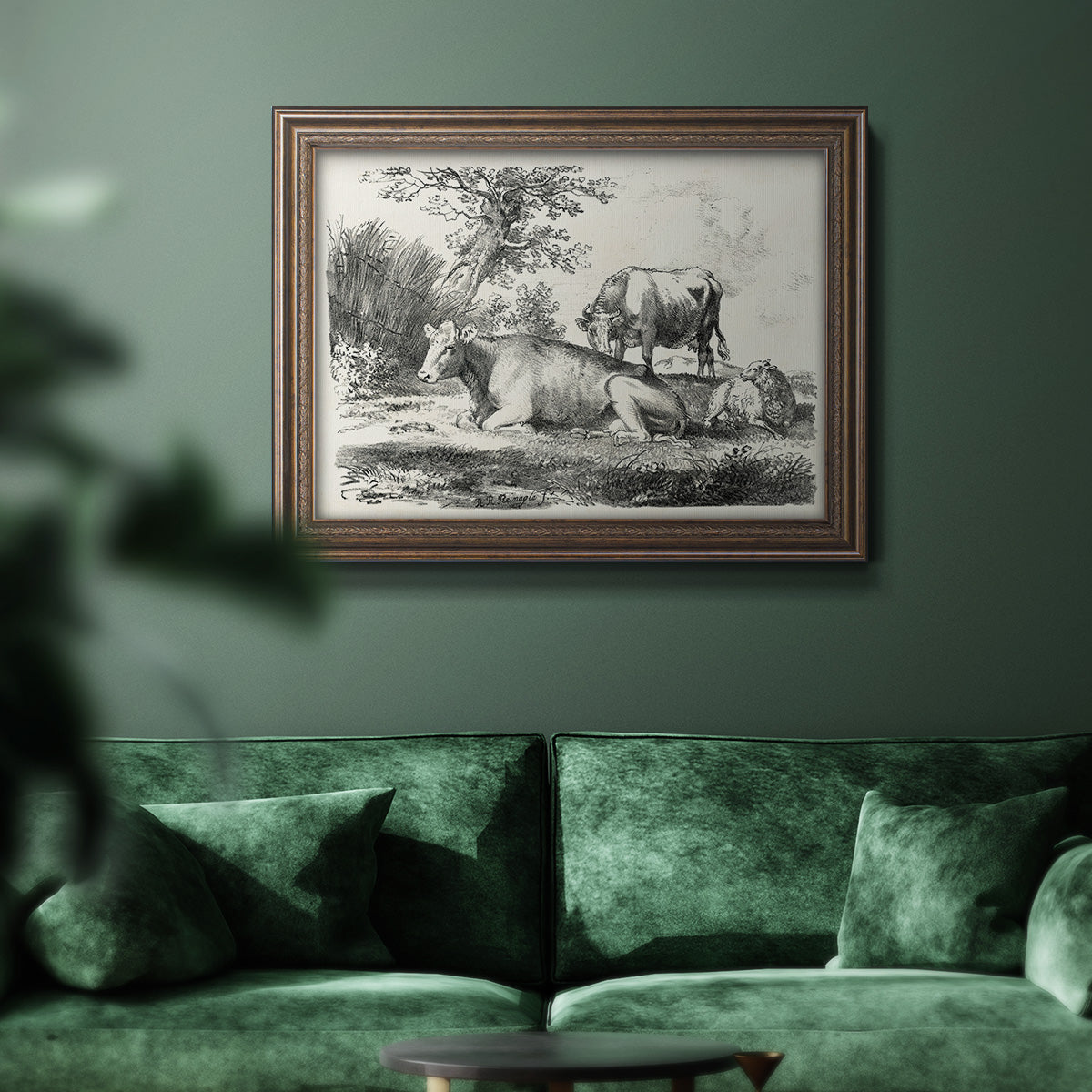 Classical pastoral landscape artwork by Nicolas Berchem in an ornate traditional bronze frame displayed in a dark-toned interior setting.