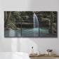 Three-panel canvas wall art featuring waterfall cascading through forest, displayed in a bathroom above a bathtub.