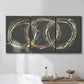 Three-panel canvas wall art featuring geometric abstract wave tangents, displayed in a bathroom above a bathtub.