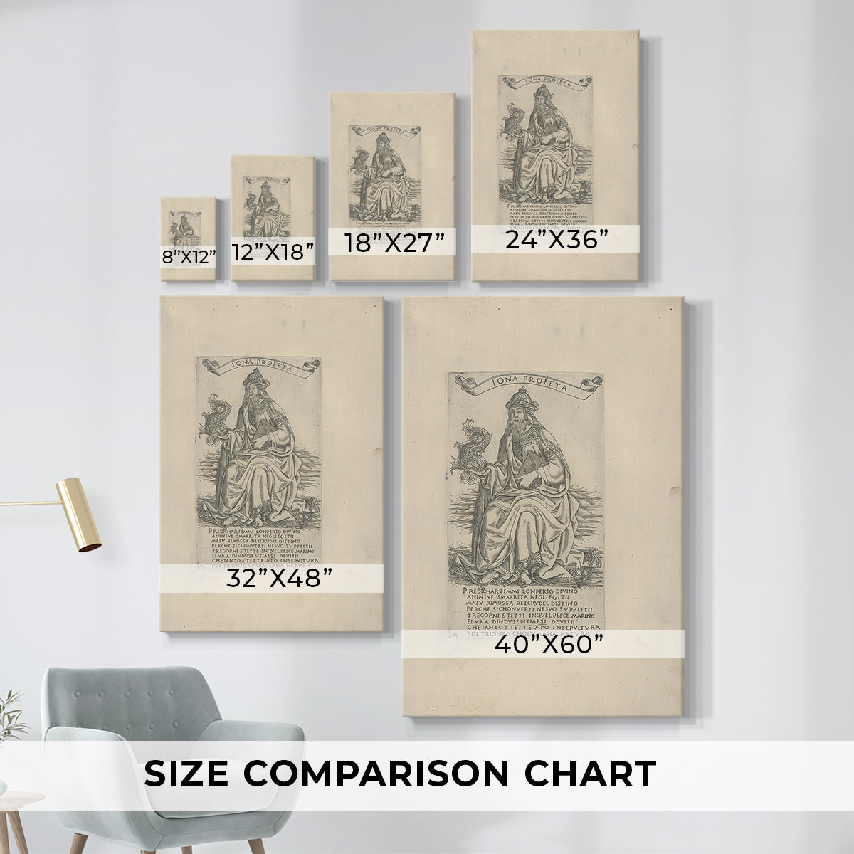 Size comparison chart for canvas art prints, showing multiple size options.