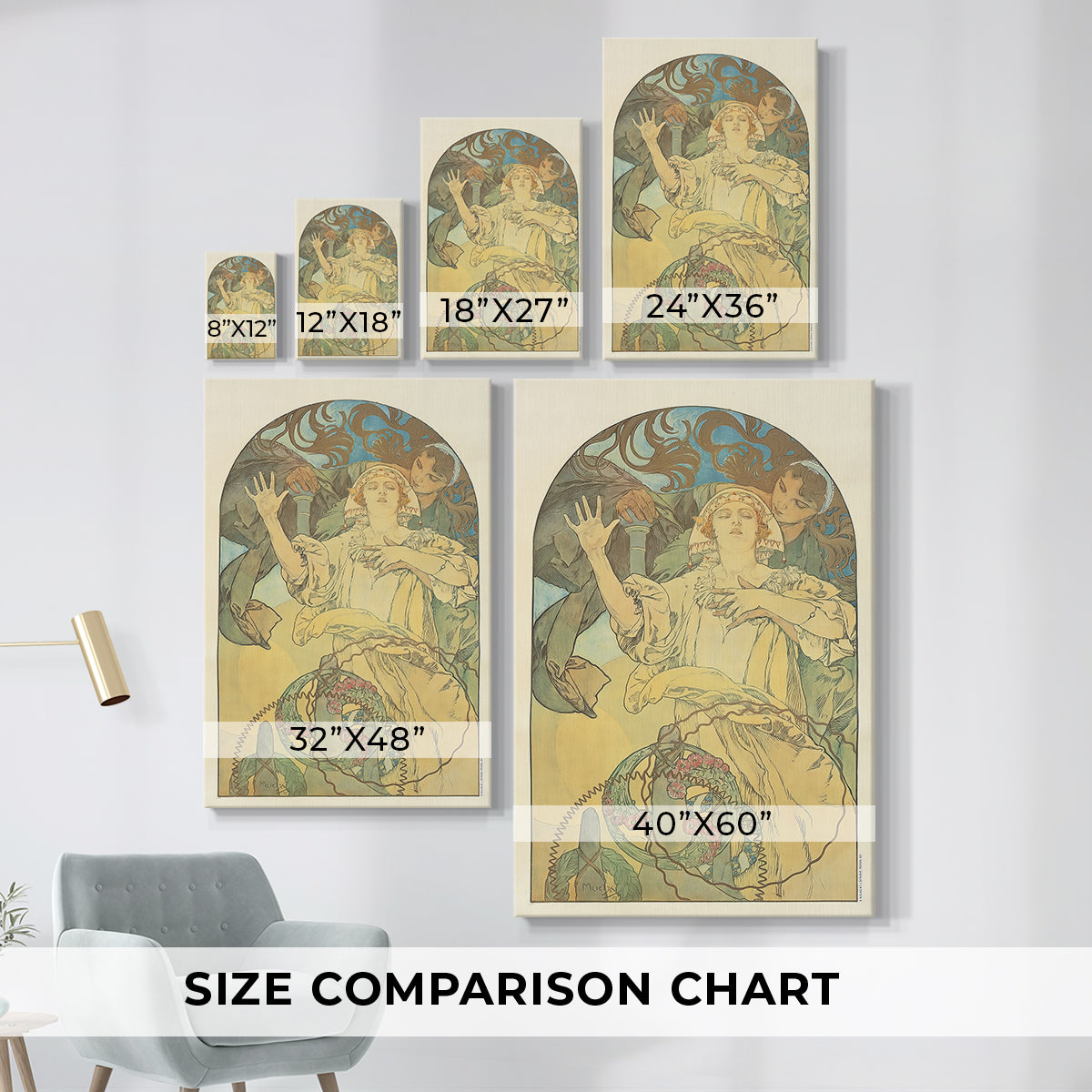 Size comparison chart for canvas art prints, showing multiple size options.