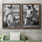 Set of two walnut barnwood framed canvas prints depicting a coordinated art pair of black-and-white close-up portraits of horses at fences rendered as modern equestrian photography above a sofa in a modern living room.