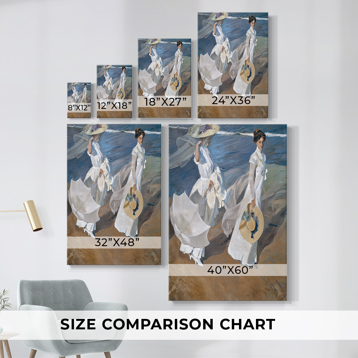 Size comparison chart for canvas art prints, showing multiple size options.