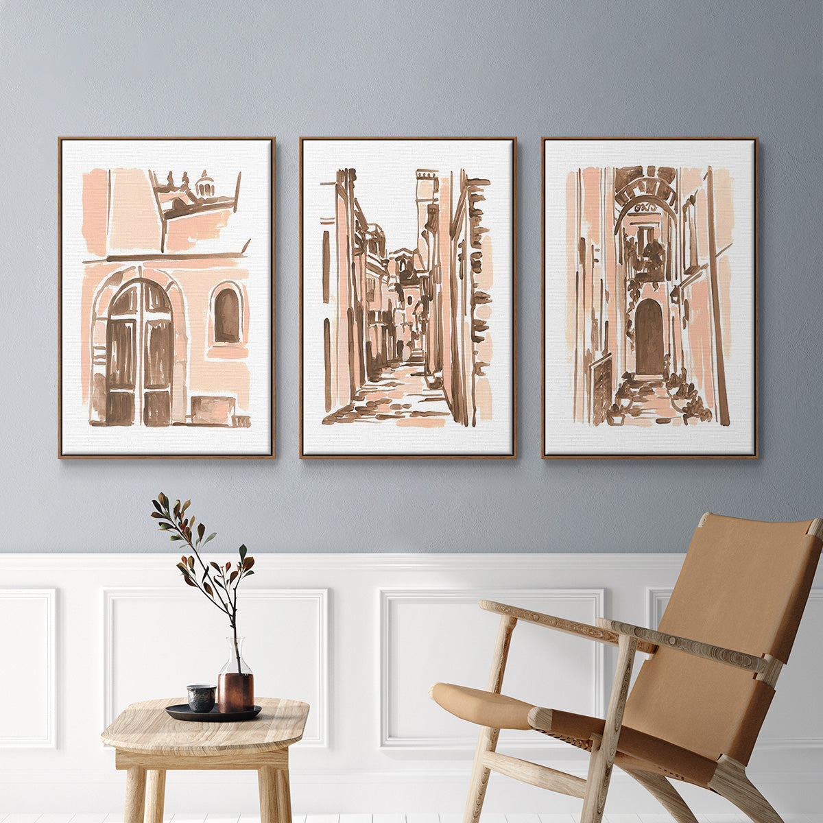 Blush Architecture Study IV - Framed Premium Gallery Wrapped Canvas L Frame 3 Piece Set - Ready to Hang