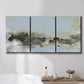 Three-panel canvas wall art featuring minimal abstract summer landscape, displayed in a bathroom above a bathtub.