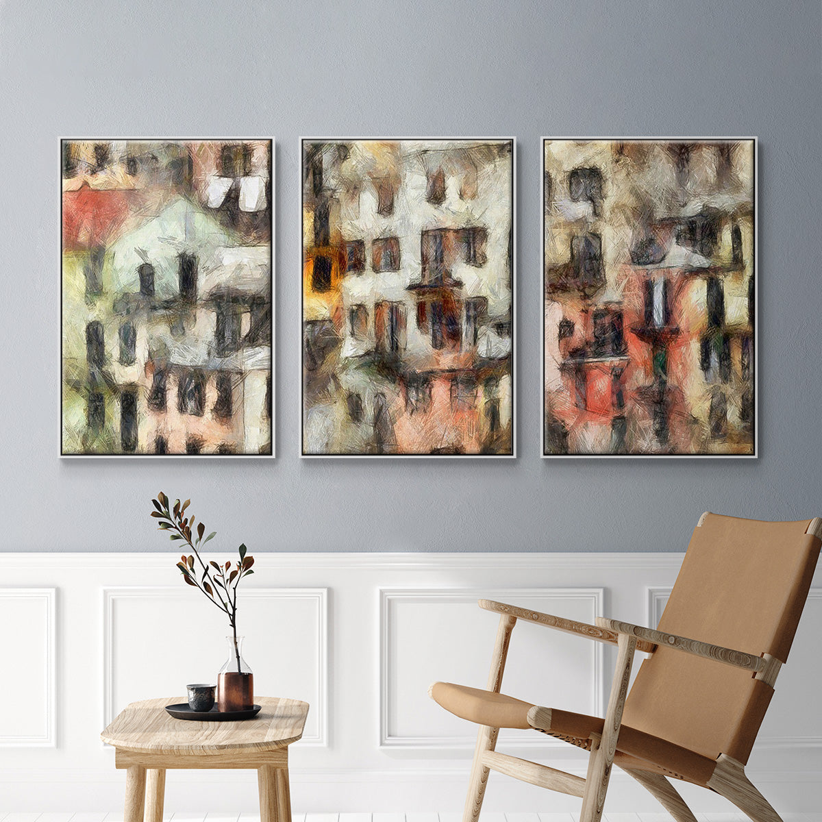 Stacked Houses I - Framed Premium Gallery Wrapped Canvas L Frame 3 Piece Set - Ready to Hang