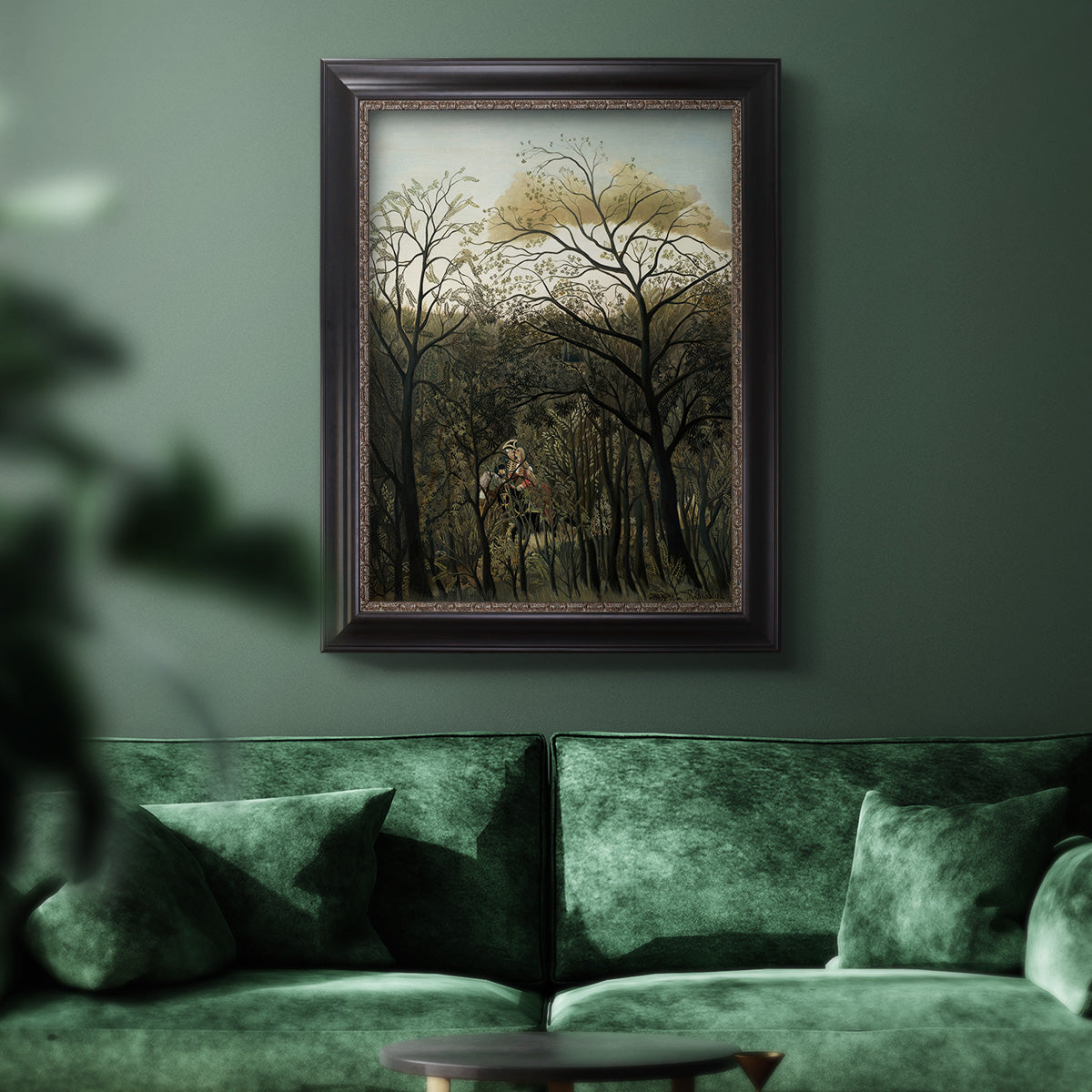 Dreamlike forest landscape scene by Henri Rousseau in an ornate black frame with gilded inner detail displayed in a dark-toned interior setting.