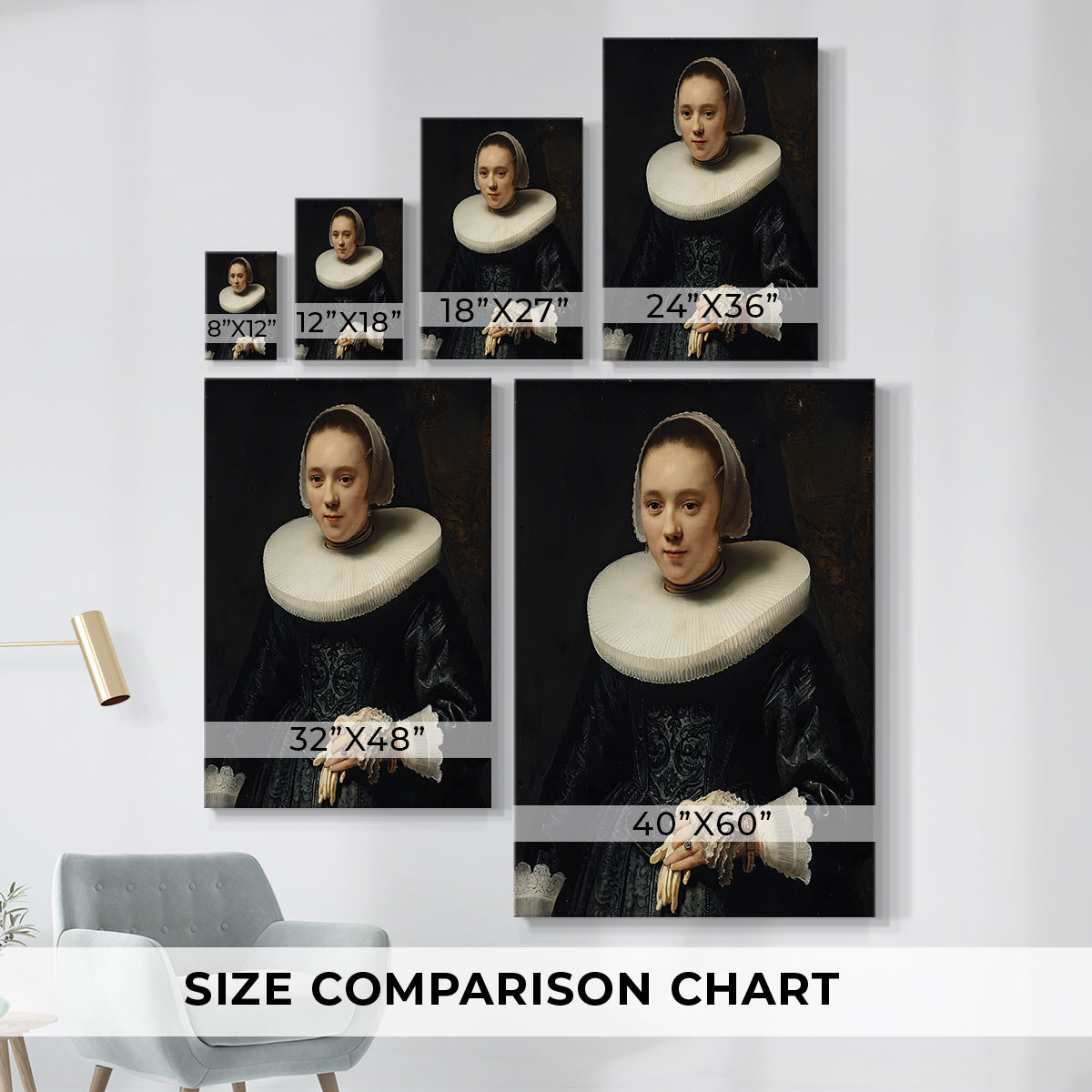Size comparison chart for canvas art prints, showing multiple size options.