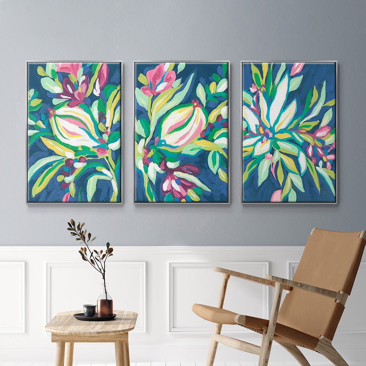 Blue Tropics I - Framed Premium Gallery Wrapped Canvas L Frame 3 Piece Set - Ready to Hang