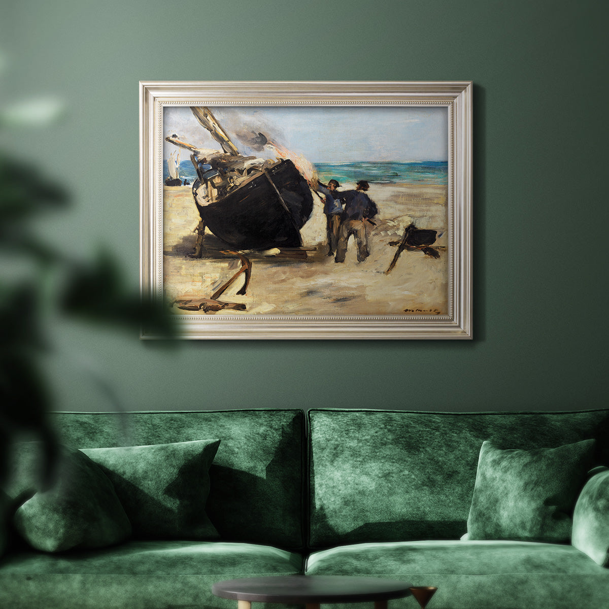 Impressionist nautical work scene by Édouard Manet in an ornate champagne frame displayed in a dark-toned interior setting.