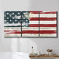 Three-panel canvas wall art featuring rustic american flag country style, displayed in a bathroom above a bathtub.