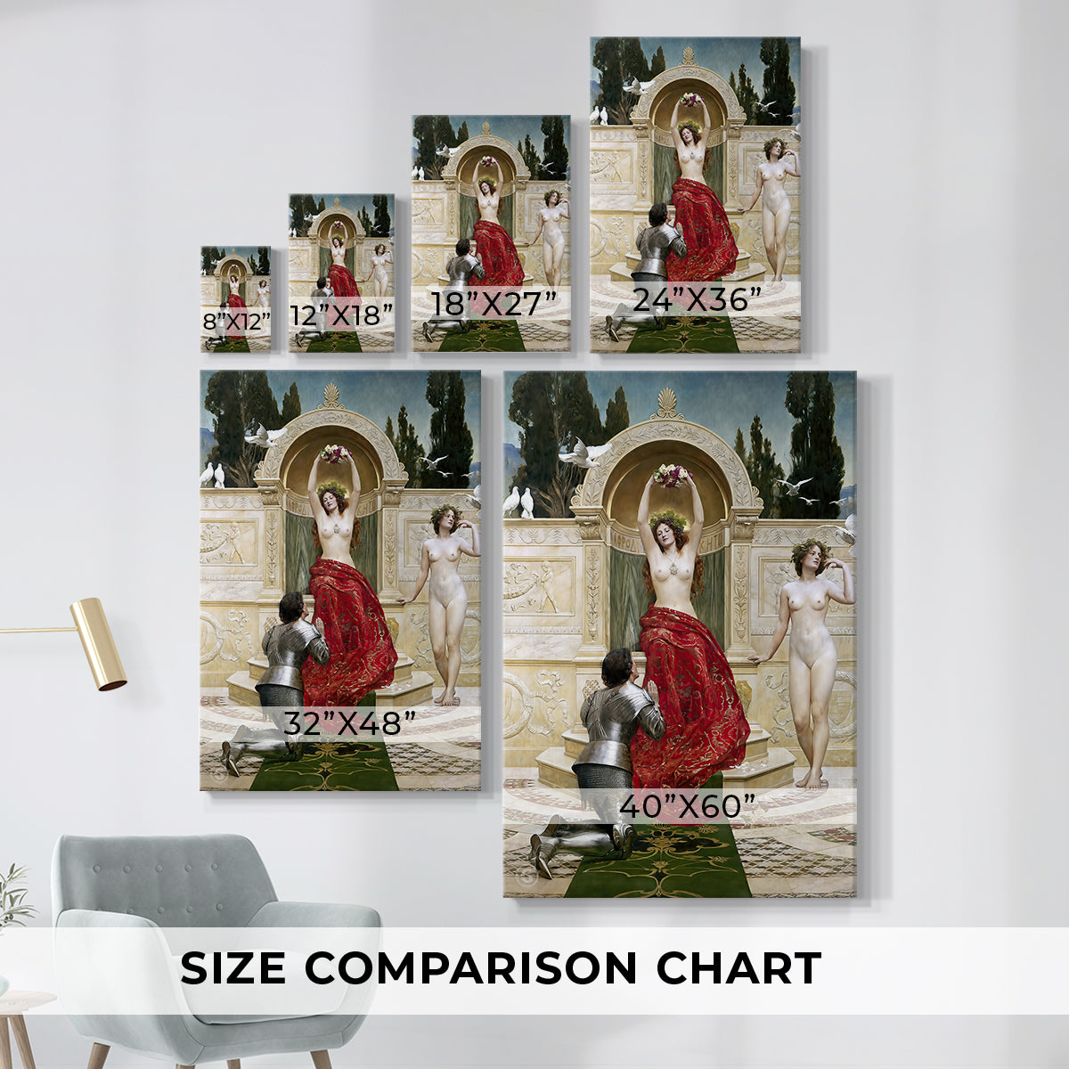 Size comparison chart for canvas art prints, showing multiple size options.