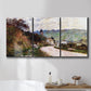 Three-panel canvas wall art featuring country road through village, displayed in a bathroom above a bathtub.