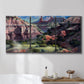 Three-panel canvas wall art featuring classic canyon landscape scene, displayed in a bathroom above a bathtub.