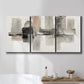 Three-panel canvas wall art featuring urban abstract watercolor oasis, displayed in a bathroom above a bathtub.