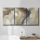 Three-panel canvas wall art featuring flowing abstract wave motion, displayed in a bathroom above a bathtub.