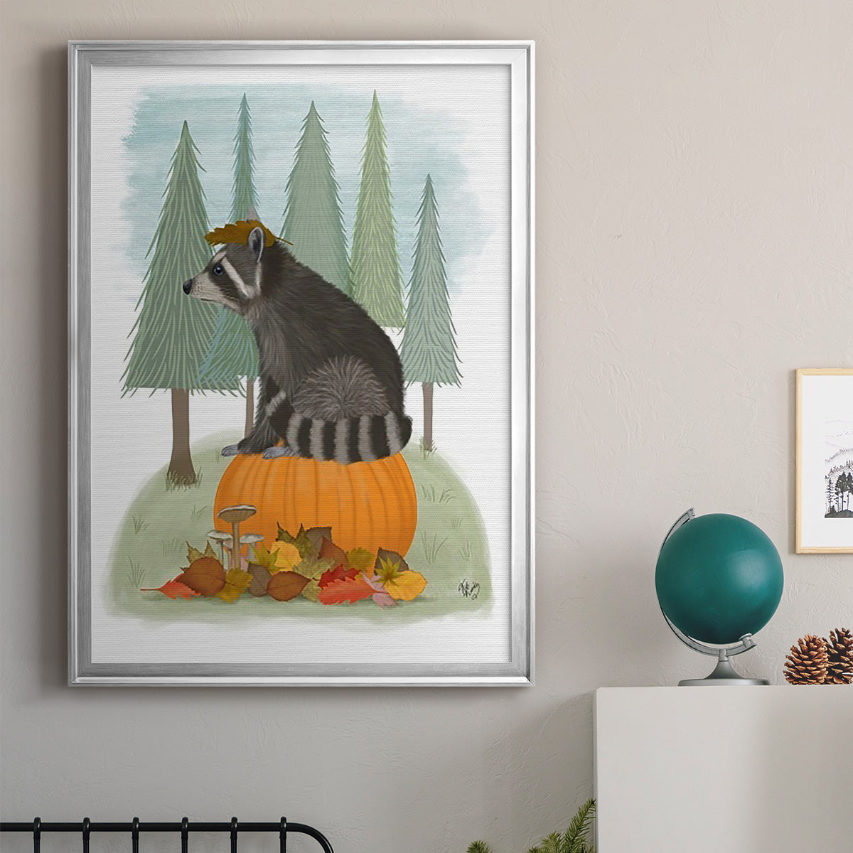 Raccoon On Pumpkin - Modern Framed Canvas Print