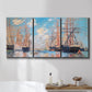 Three-panel canvas wall art featuring harbor with boats and water, displayed in a bathroom above a bathtub.