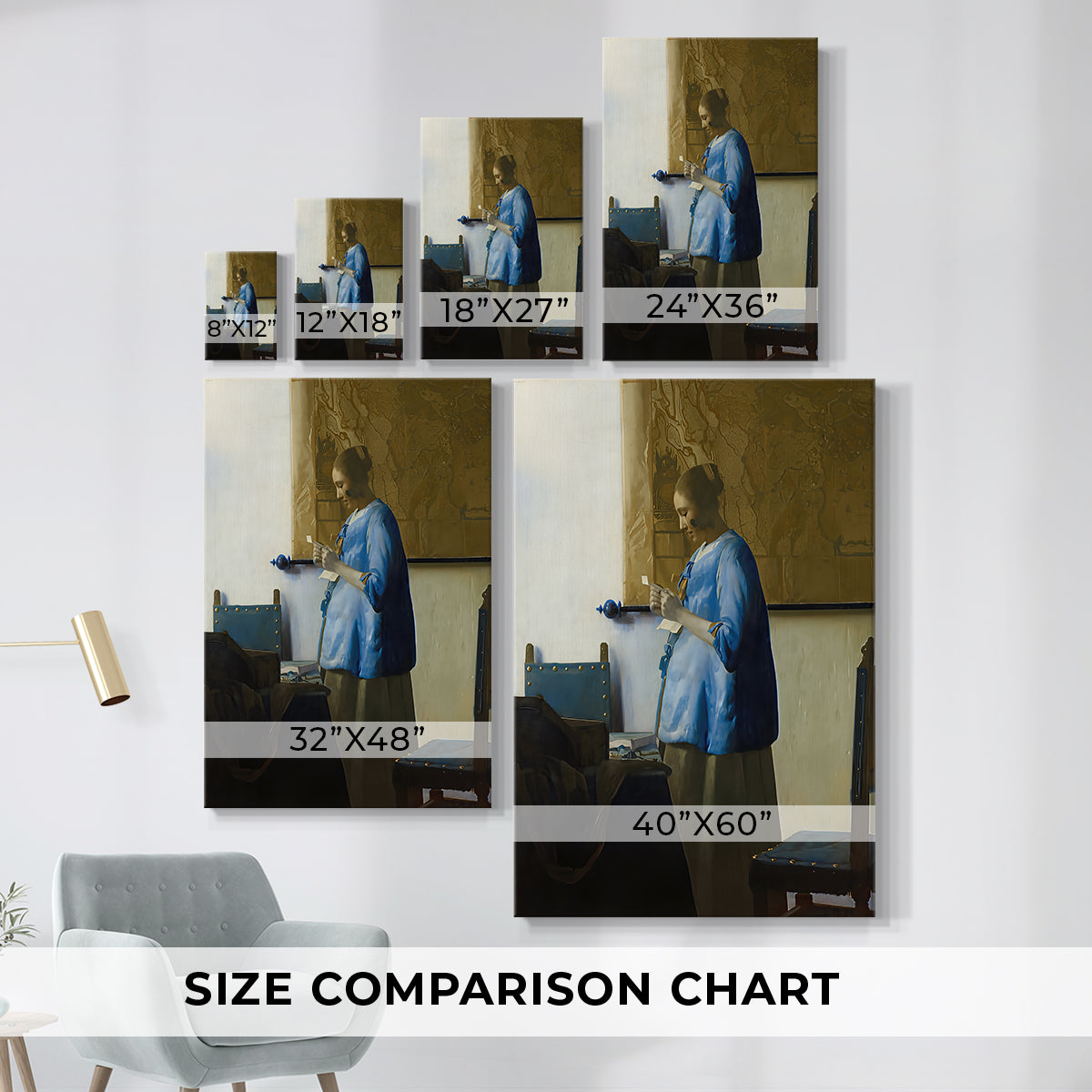 Size comparison chart for canvas art prints, showing multiple size options.