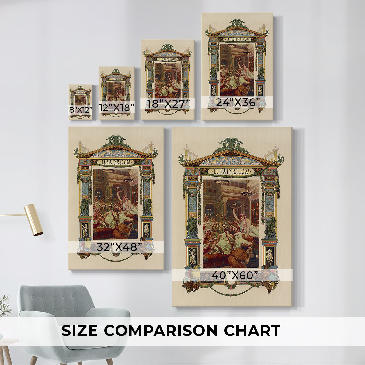 Size comparison chart for canvas art prints, showing multiple size options.