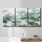 Three-panel canvas wall art featuring lush green hillside rolling landscape, displayed in a bathroom above a bathtub.