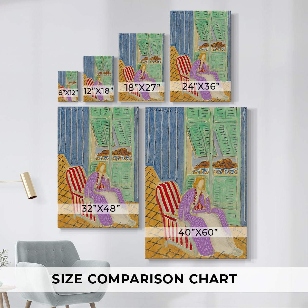 Size comparison chart for canvas art prints, showing multiple size options.