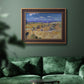 Impressionist wheat harvest scene by Vincent van Gogh in an ornate bronzed mahogany wood frame displayed in a dark-toned interior setting.