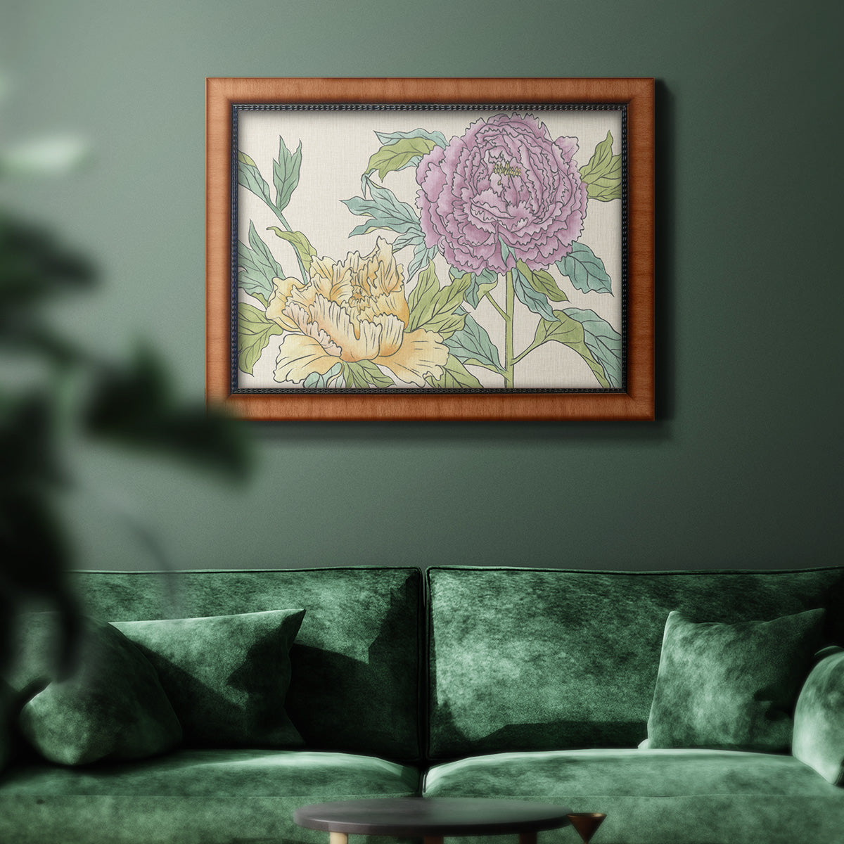 Contemporary peony flower illustration in an ornate vintage burl wood frame displayed in a dark-toned interior setting.