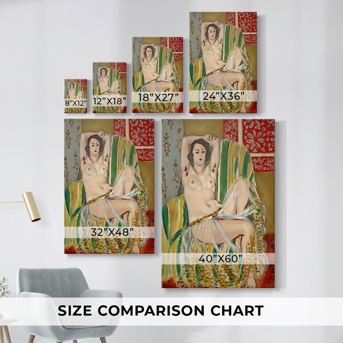 Size comparison chart for canvas art prints, showing multiple size options.