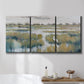 Three-panel canvas wall art featuring pastoral marshland landscape, displayed in a bathroom above a bathtub.